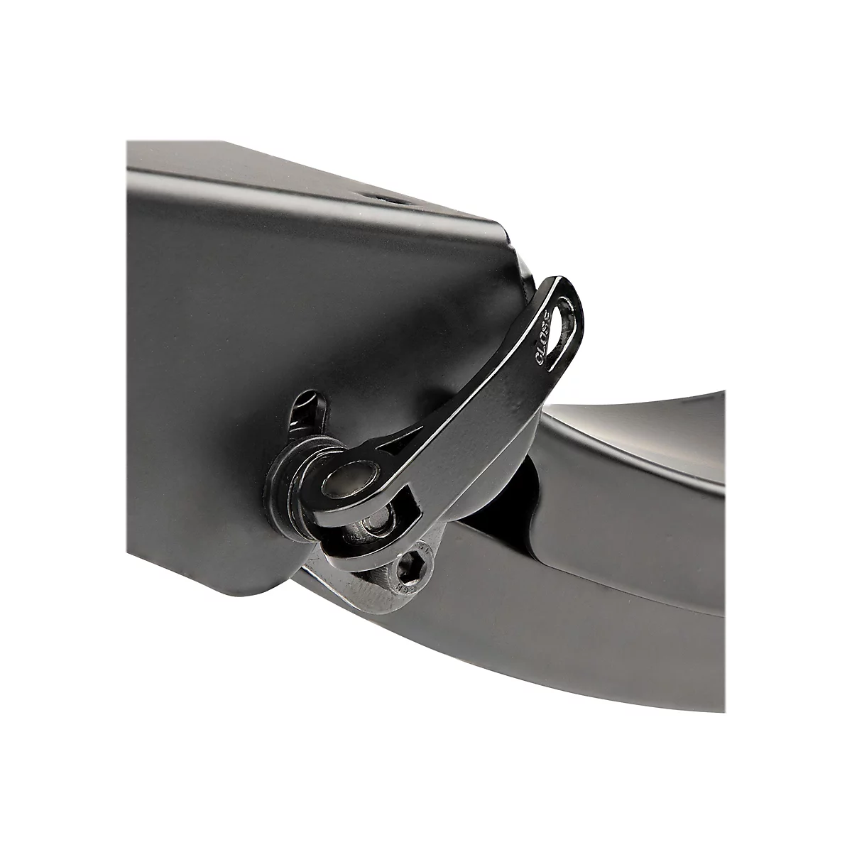 Gros plan d'un levier noir avec l'inscription "CLOSE", fixé à un objet noir.