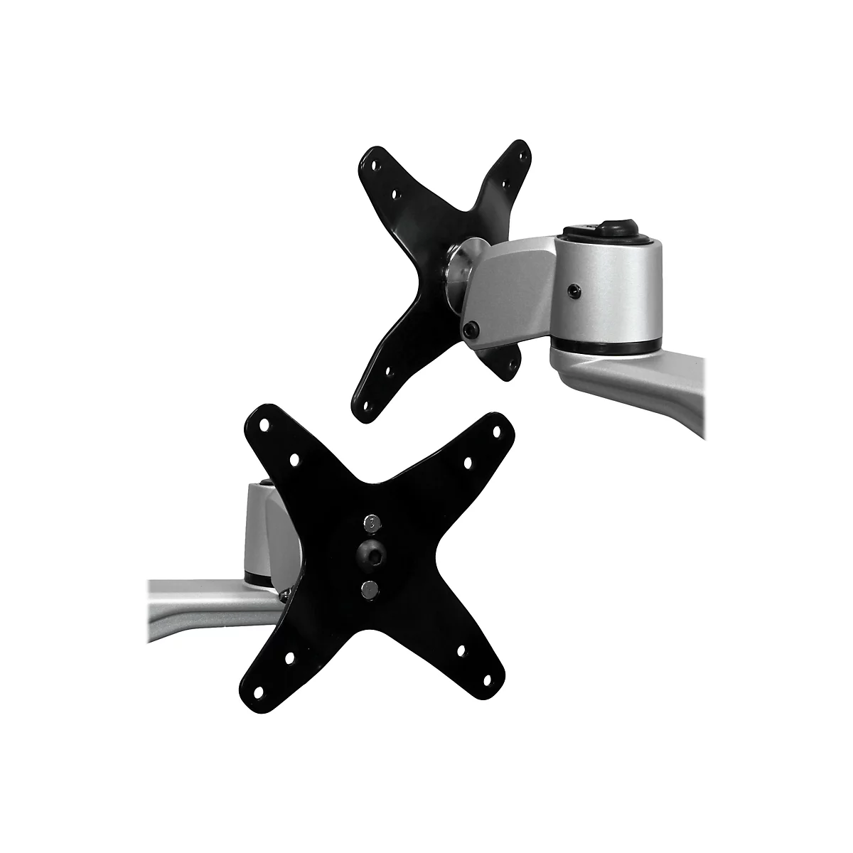 Deux supports noirs en forme d'Ã©toile pour moniteurs avec des articulations argentÃ©es. Les supports ont des trous pour la fixation.
