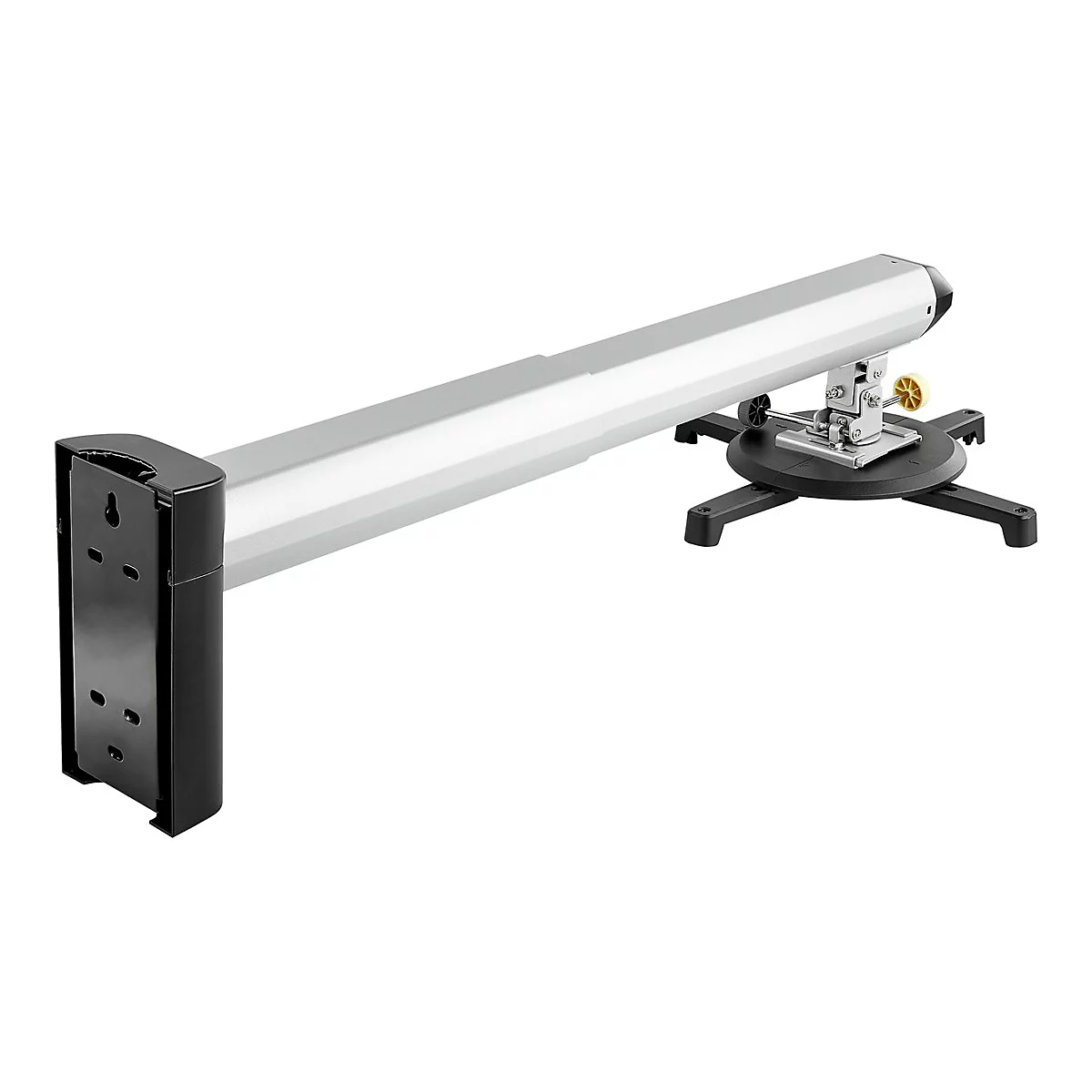 Support de plafond argenté pour un projecteur avec un support noir. Sur fond blanc.