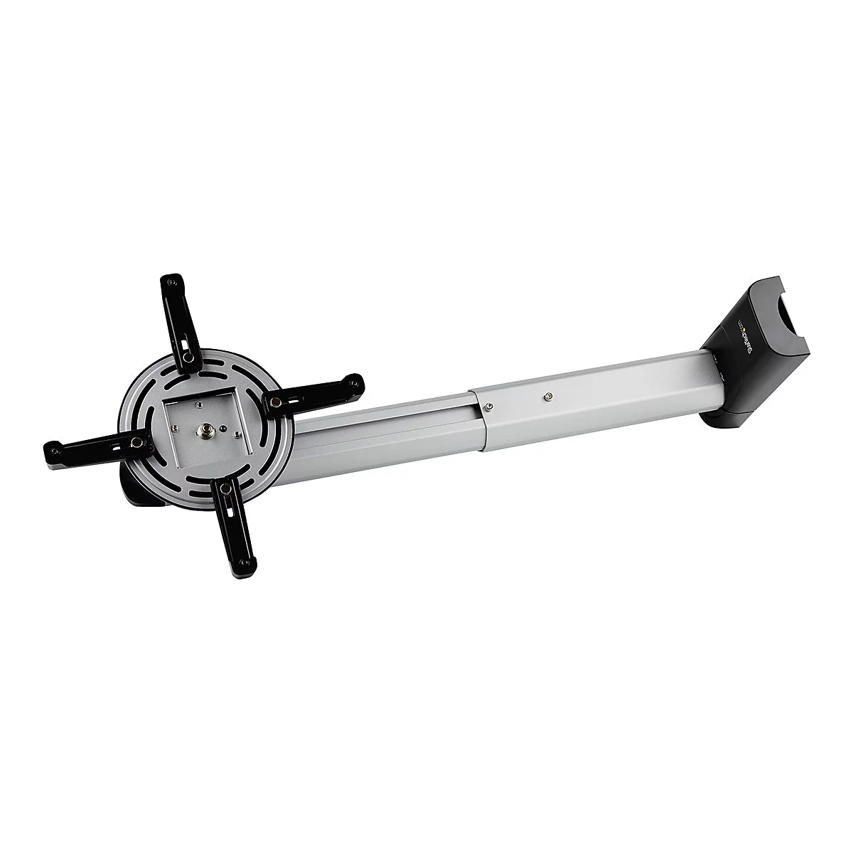 Support de projecteur argenté avec support noir, vis et logo de la marque.