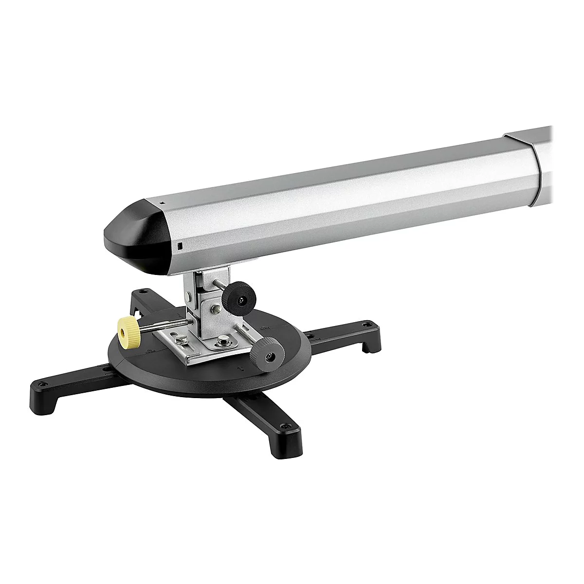 Un support de projecteur argenté, monté sur une base noire. Il comporte trois boutons réglables et un bras allongé.