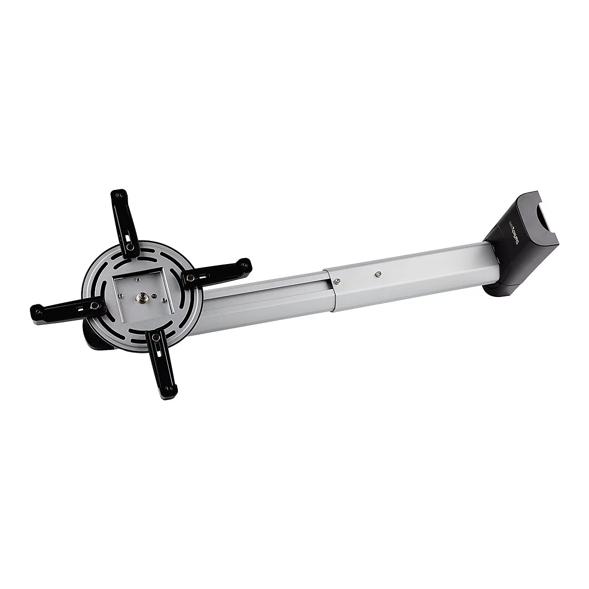 Support de projecteur, métal argenté, avec bras noirs et un boîtier noir.