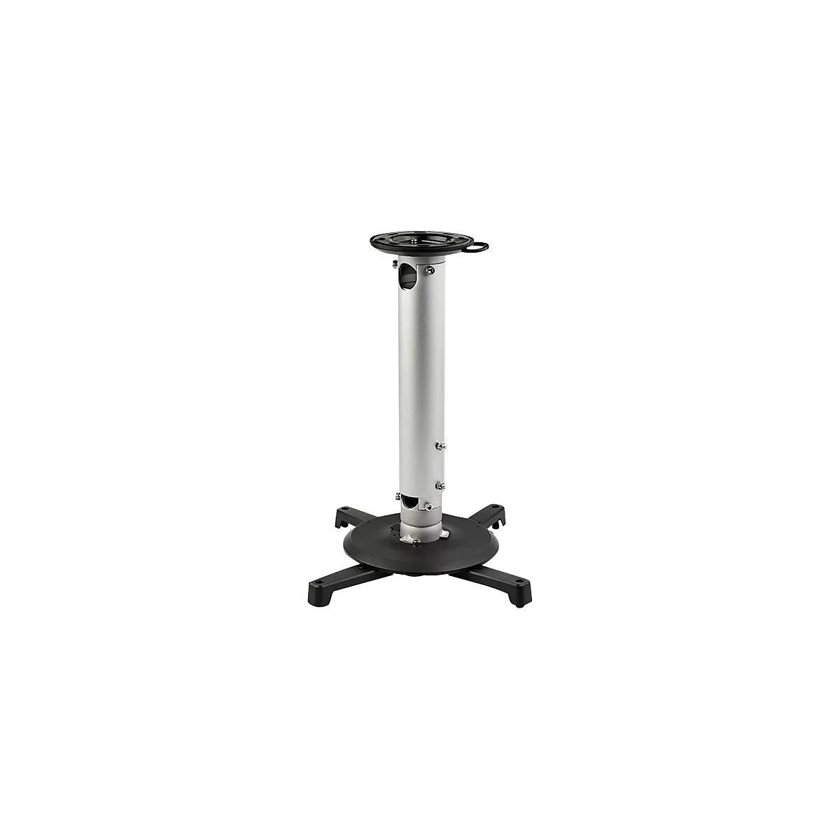 Support de projecteur argenté avec base noire. Le support a un support rond et quatre pieds saillants.