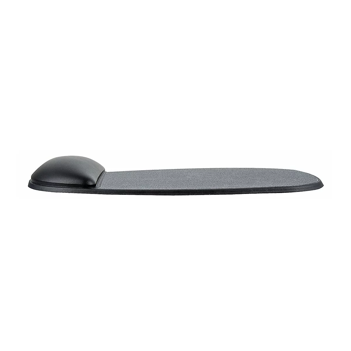 Tapis de souris ergonomique noir avec repose-poignet, fond blanc.