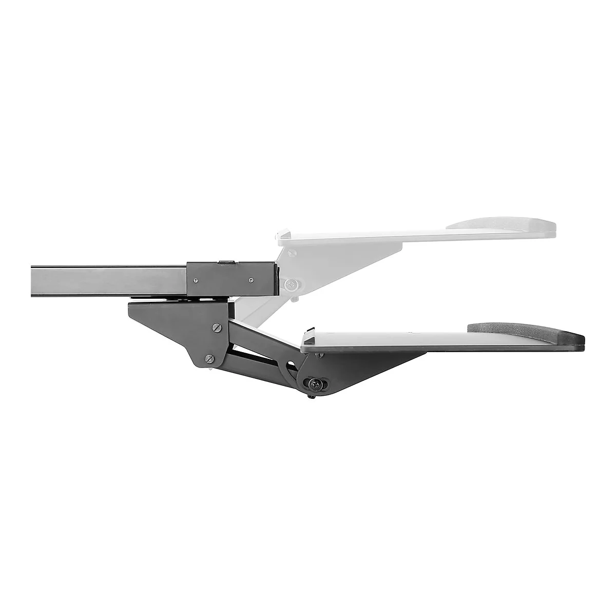 Schreibtisch-Tastaturauszug, grau, aus Metall. Der Auszug ist teilweise ausgezogen und zeigt eine gepolsterte Kante.