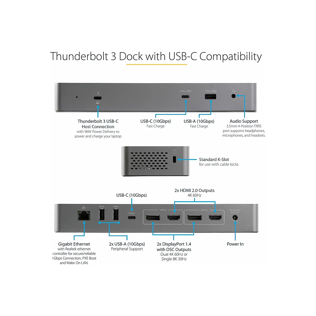 StarTech.com Thunderbolt 3 Dock mit USB-C Host-Kompatibilität - Dual 4K 60Hz DisplayPort 1.4 oder Dual HDMI Monitore - Single 8K - TB3/USB-C Laptop Docking Station - 96W PD, 5xUSB - 10 Gbit/s (TB3CDK2DHUE)