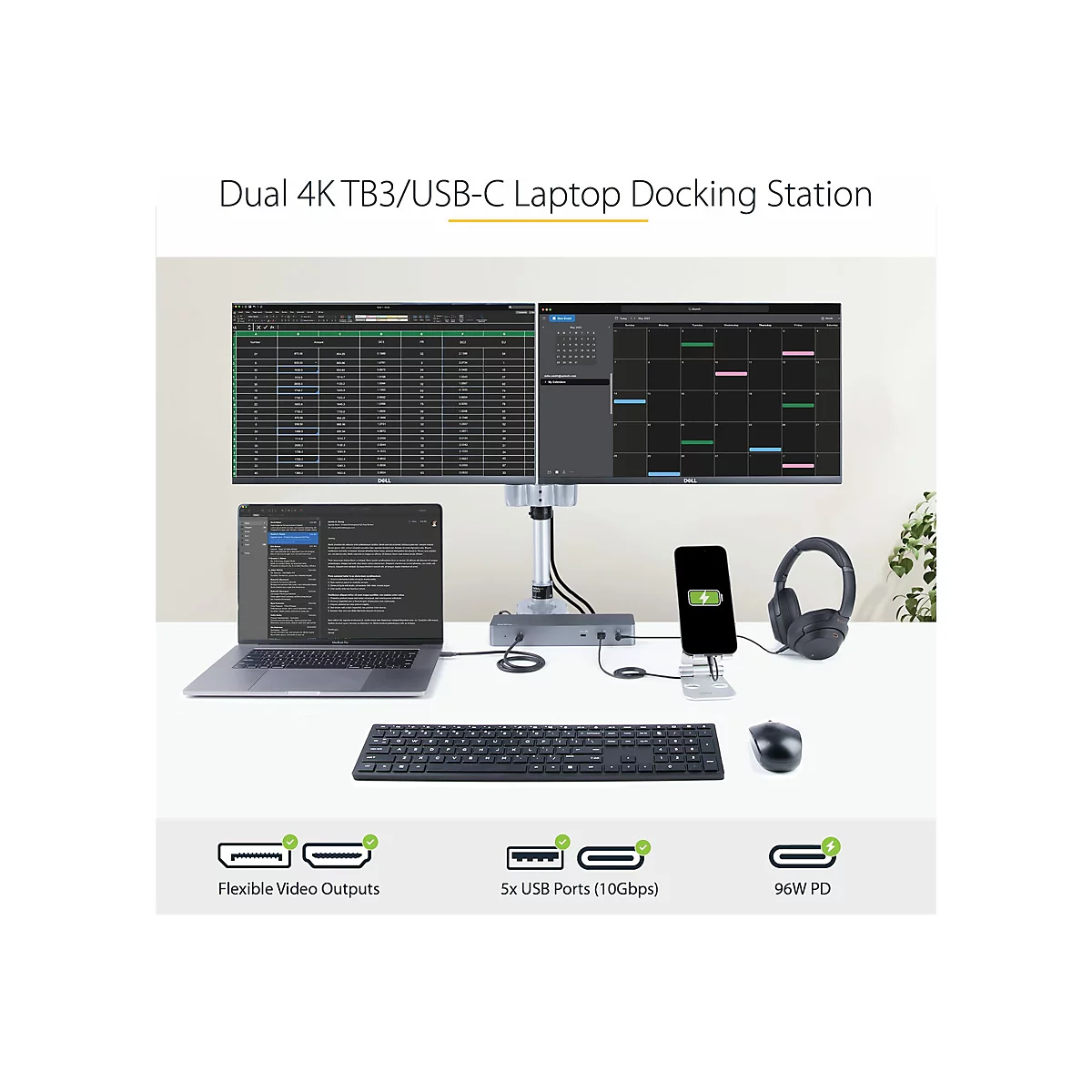 StarTech.com Thunderbolt 3 Dock mit USB-C Host-Kompatibilität - Dual 4K 60Hz DisplayPort 1.4 oder Dual HDMI Monitore - Single 8K - TB3/USB-C Laptop Docking Station - 96W PD, 5xUSB - 10 Gbit/s (TB3CDK2DHUE)