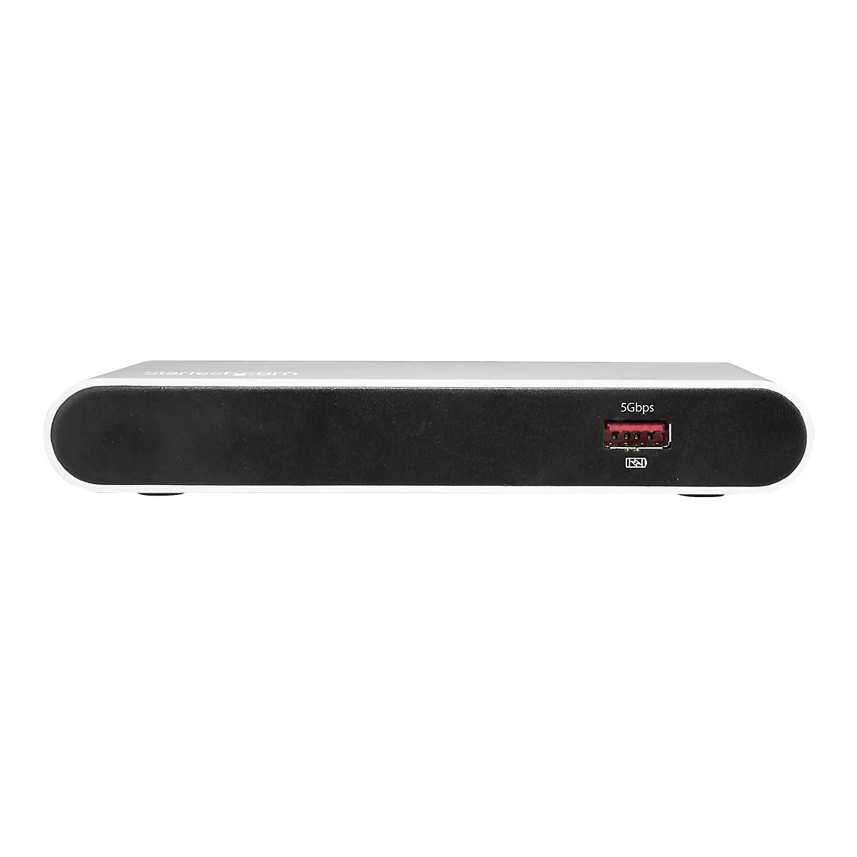 Ein rechteckiges, silberfarbenes GerÃ¤t mit schwarzer Vorderseite, rotem USB-Anschluss und der Aufschrift '5Gbps' und 'ESD'.
