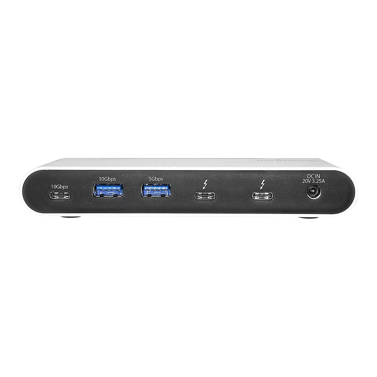Graues Dock mit verschiedenen AnschlÃ¼ssen: USB, Thunderbolt und Stromanschluss. Aufschrift: 20V 3.25A.
