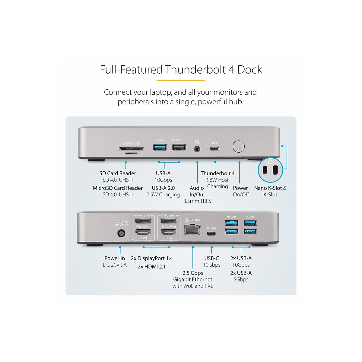 StarTech.com Thunderbolt 4 Multi-Display Docking Station, Quad/Triple/Dual Monitor Dock, 2x HDMI/2x DisplayPort, 7x USB Hub, 2.5 Gigabit Ethernet, 98W Power Delivery, for Windows/MacBook - TB4 Host Cable (132UE-TB4USB4DOCK) - Dockingstation - Thun...