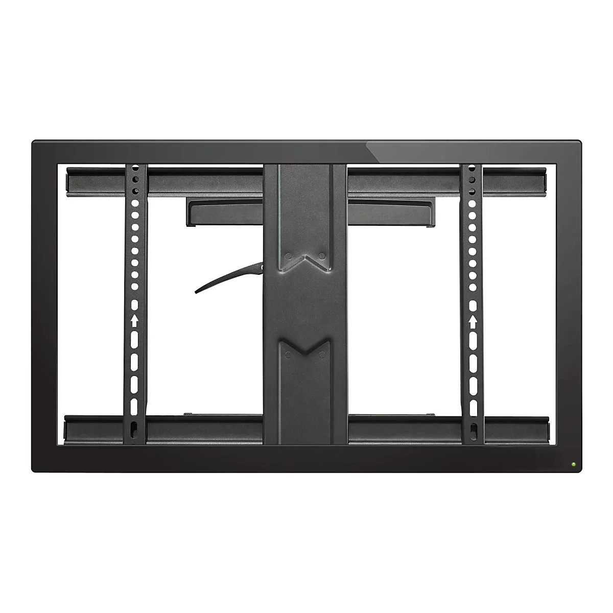 Schwarze TV-Halterung vor weiÃŸem Hintergrund. Sie ist rechteckig mit verschiedenen Halterungen und einer Hebelvorrichtung.