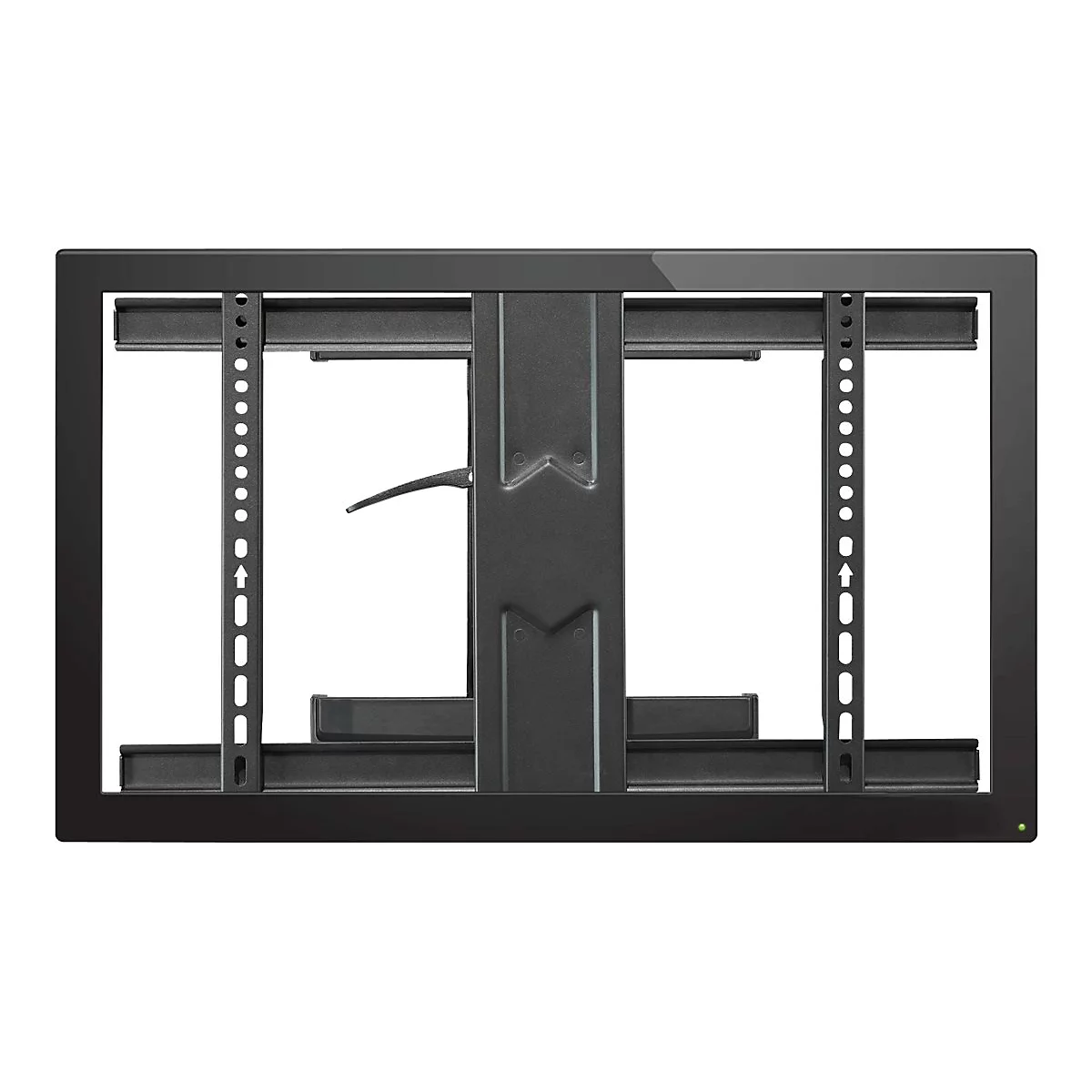 Schwarze TV-Wandhalterung mit mehreren Halterungen und verstellbaren Armen. Das Design ist rechteckig, mit Ã–ffnungen fÃ¼r Kabel.