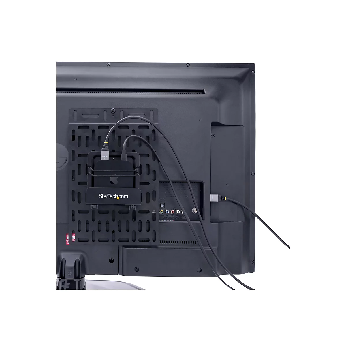 Rückseite eines Fernsehers mit Halterung und angeschlossenen Kabeln. Schwarze Halterung mit StarTech.com-Logo. Ein Apple TV ist in der Halterung befestigt.