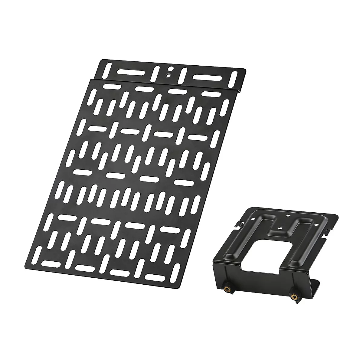 Schwarze Metallhalterung mit rechteckigen LÃ¶chern, daneben eine kleinere, eckige Halterung.