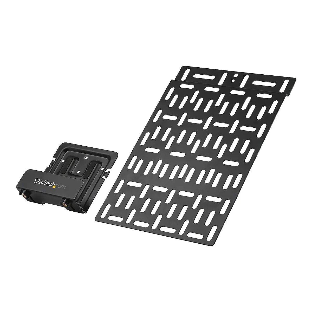 Ein schwarzes Metall-ComputerzubehÃ¶r mit dem StarTech.com Logo. Zwei Teile: eine Halterung und eine Lochplatte.