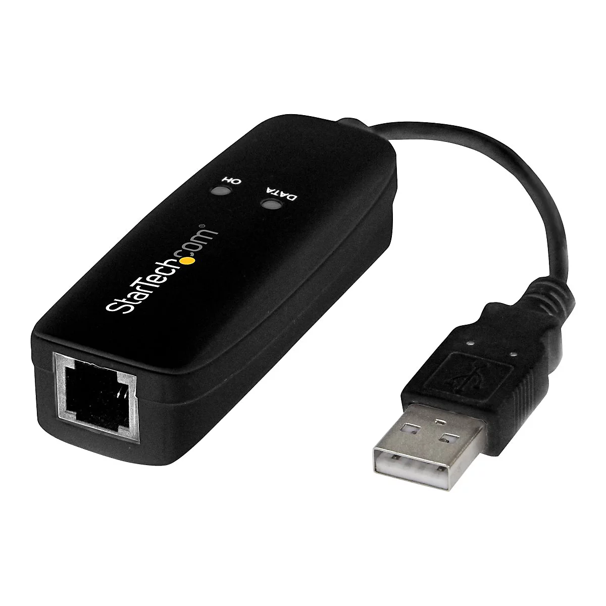 Schwarzer USB-Ethernet-Adapter mit Logo und AnschlÃ¼ssen. USB-A-Stecker, RJ45-Buchse, Beschriftungen: ON, DATA.