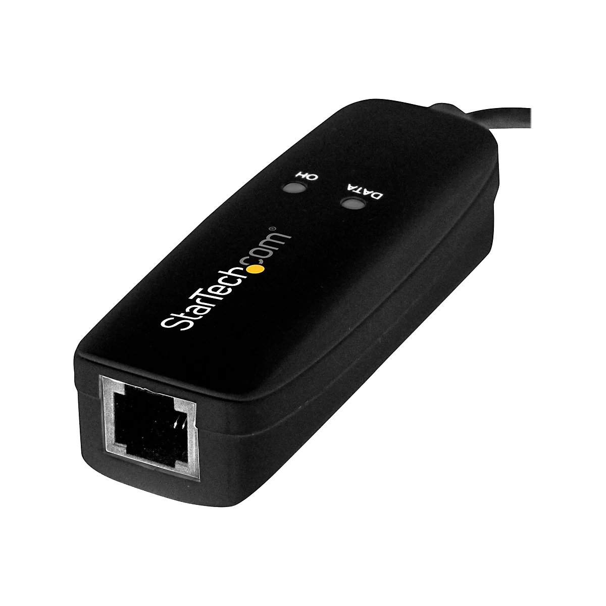 Schwarzer Netzwerkadapter von StarTech mit RJ45-Anschluss, beschriftet mit ON, DATA.