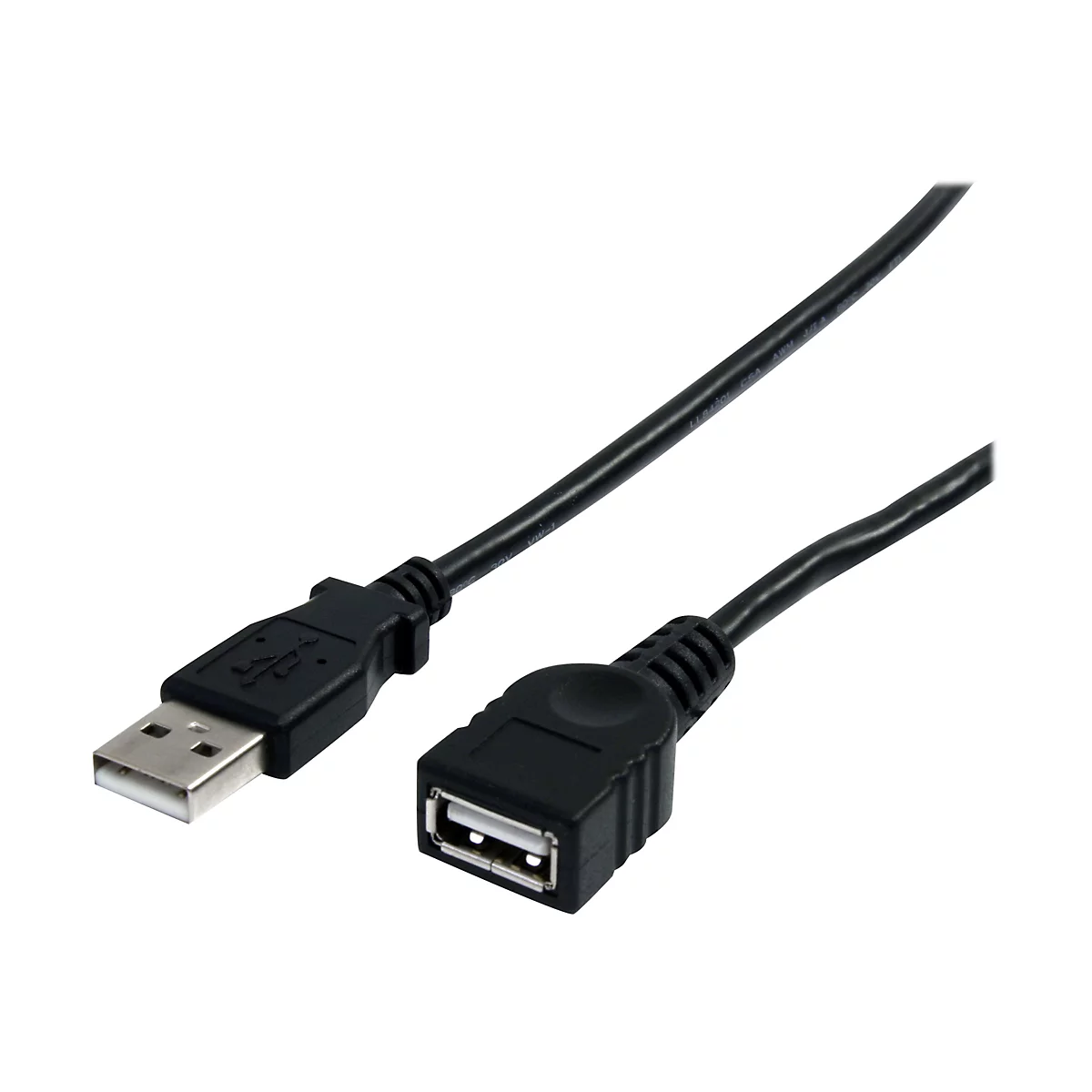Schwarzes USB-Kabel mit Stecker und Buchse auf weißem Hintergrund.