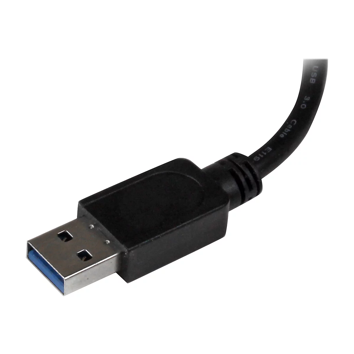 Nahaufnahme eines schwarzen USB 3.0-Kabels mit blauem Stecker. Auf dem Kabel ist "USB 3.0 cable E119" zu lesen.