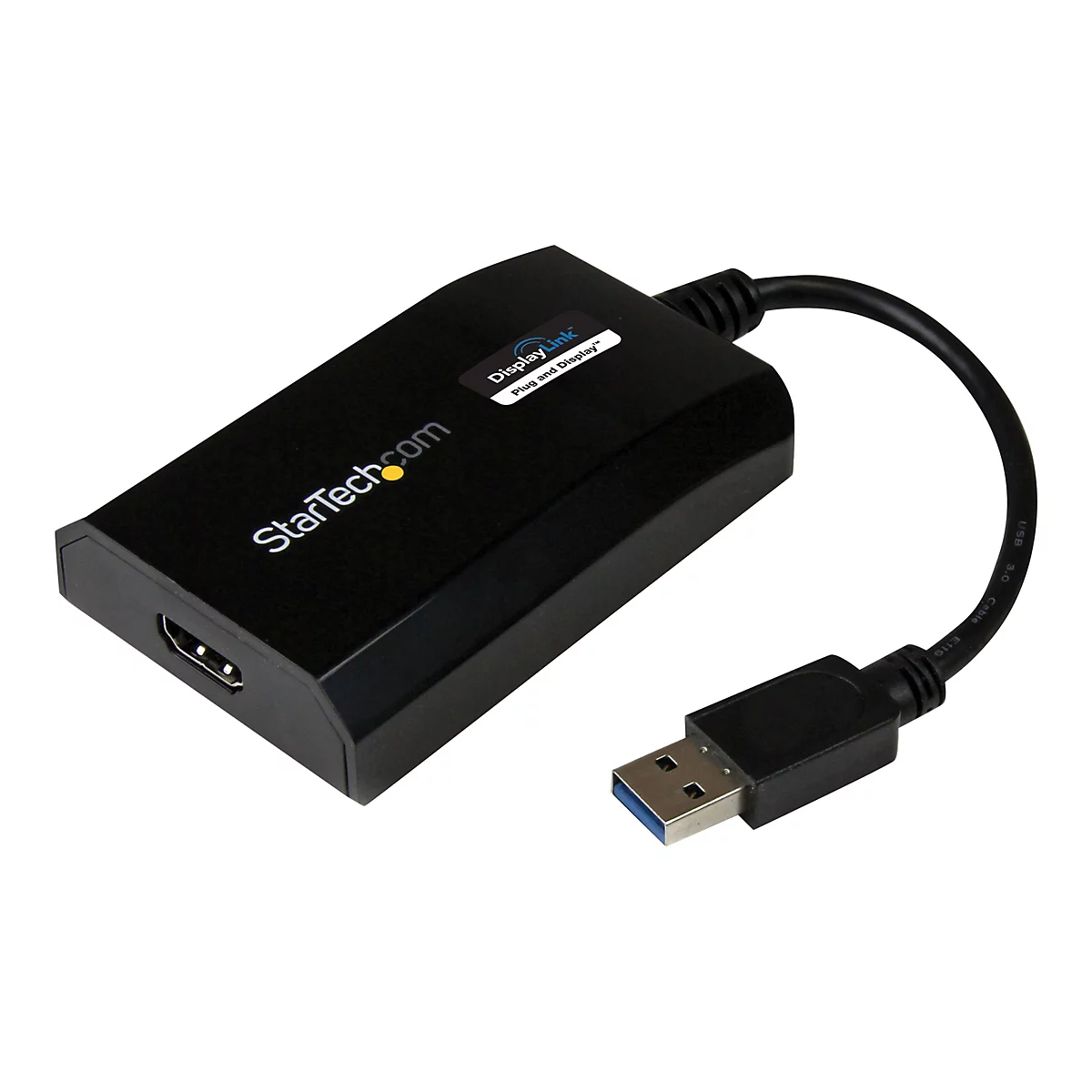 Schwarzer USB-HDMI-Adapter mit den Schriftzügen StarTech.com und DisplayLink.