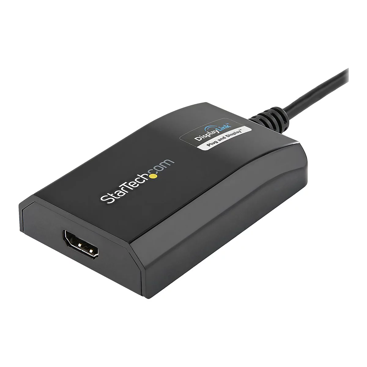 Ein schwarzer DisplayLink Adapter mit HDMI Anschluss, verbunden mit einem Kabel.