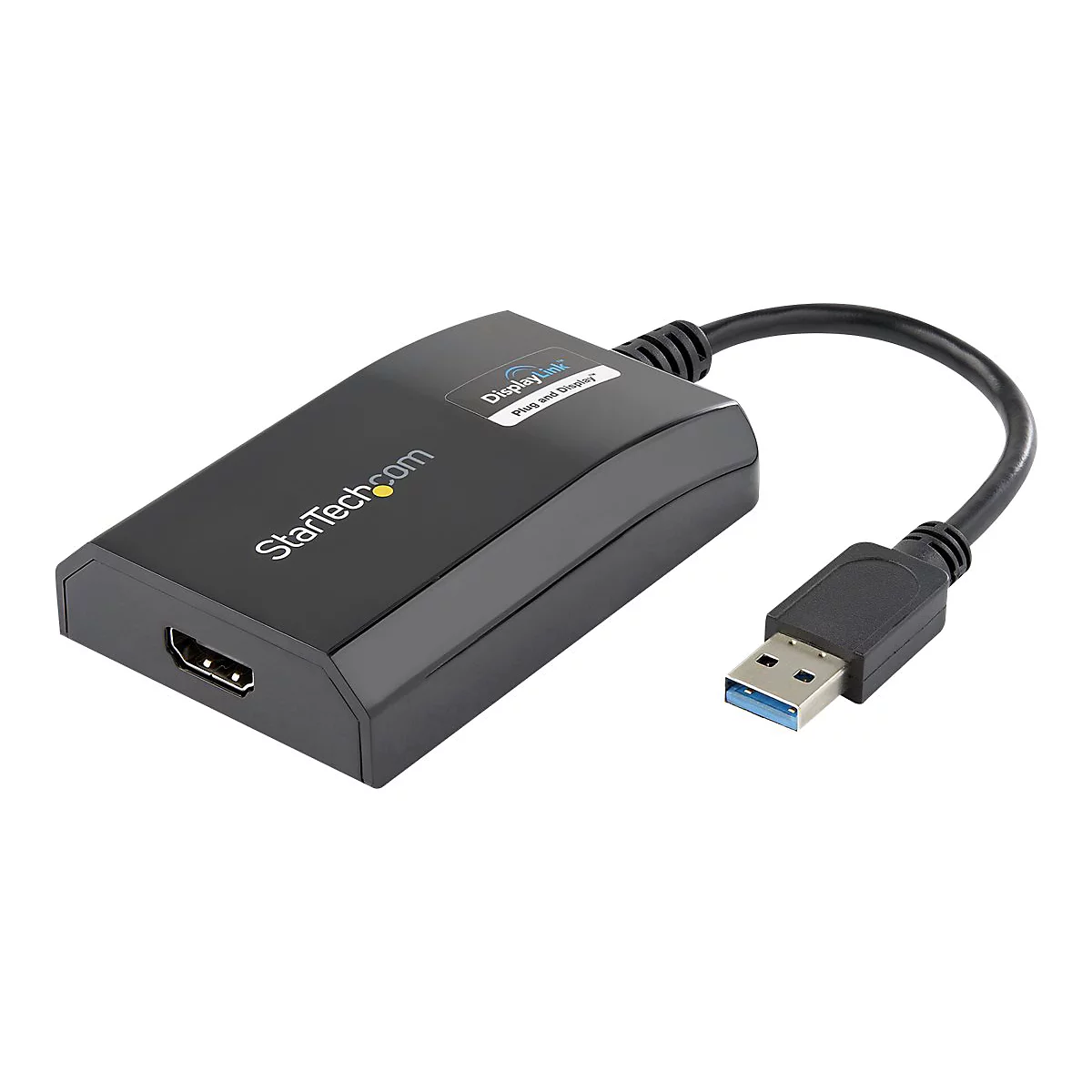 Schwarzer DisplayLink-Adapter mit HDMI- und USB-Anschlüssen, StarTech.com Logo und DisplayLink-Aufdruck.