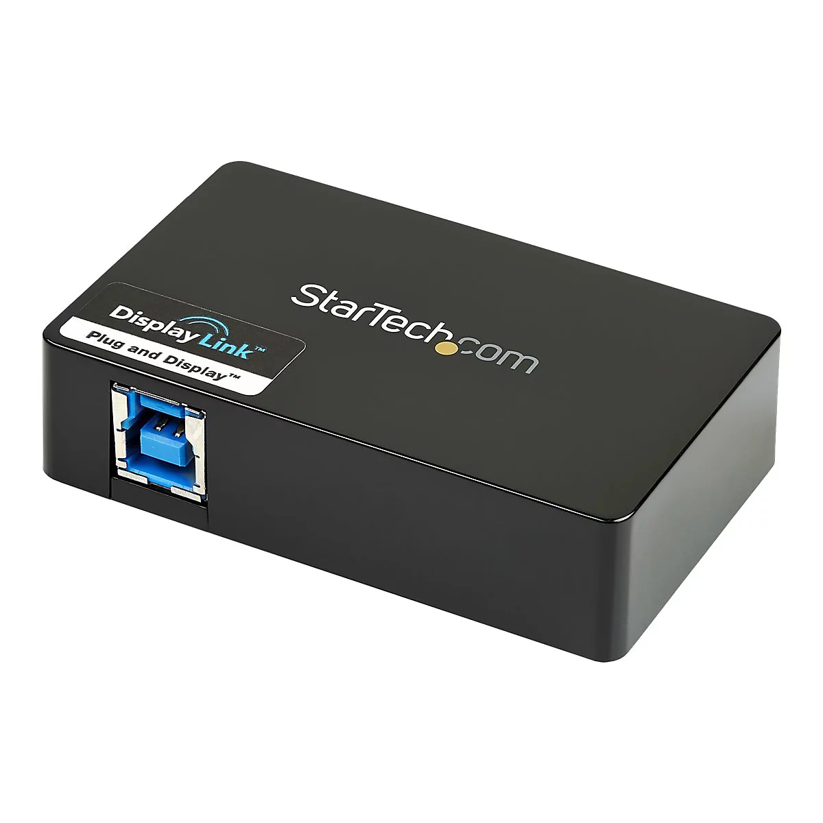 Schwarzer USB-Adapter mit StarTech.com Logo und Display Link Aufkleber.