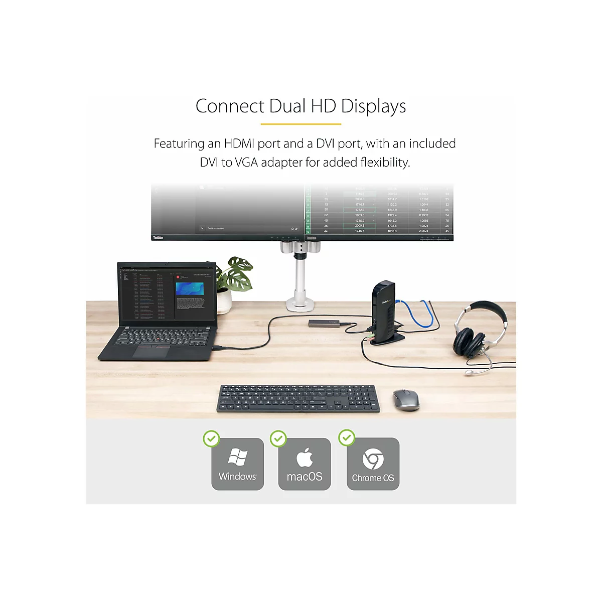 StarTech.com USB 3.0 Dockingstation, kompatibel mit Windows / macOS, unterstützt Dual Displays, HDMI und DVI, inkl. DVI zu VGA Adapter - Dockingstation - USB - GigE
