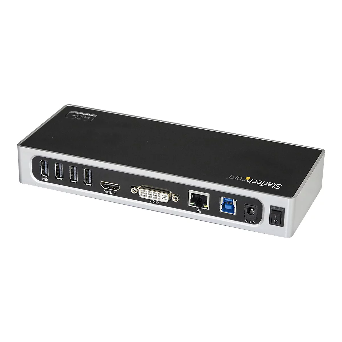 Schwarzer und silberner Docking-Hub mit verschiedenen AnschlÃ¼ssen wie HDMI, USB und Stromanschluss. StarTech.com Logo ist zu sehen.