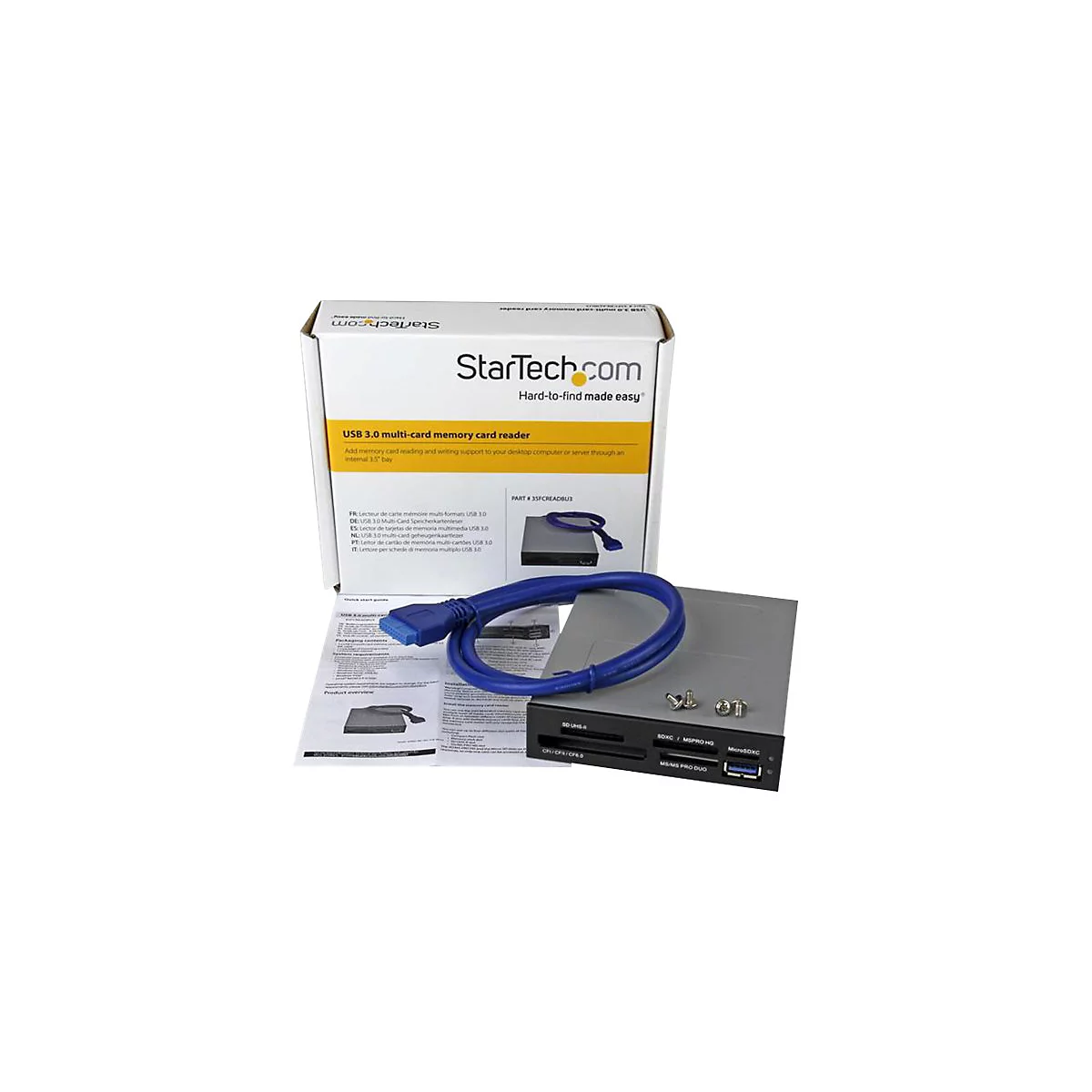 Ein USB 3.0 Kartenleser mit Kabel, Box und Anleitung. Auf der Box steht StarTech.com.