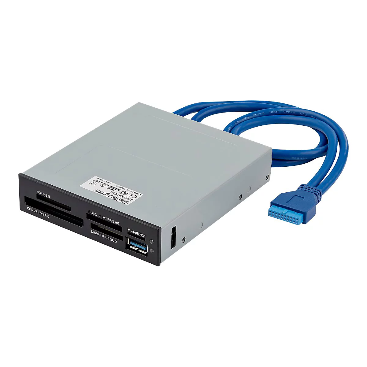Grauer Kartenleser mit blauem Kabel und Stecker. Verschiedene AnschlÃ¼sse, USB und SD-Karten.
