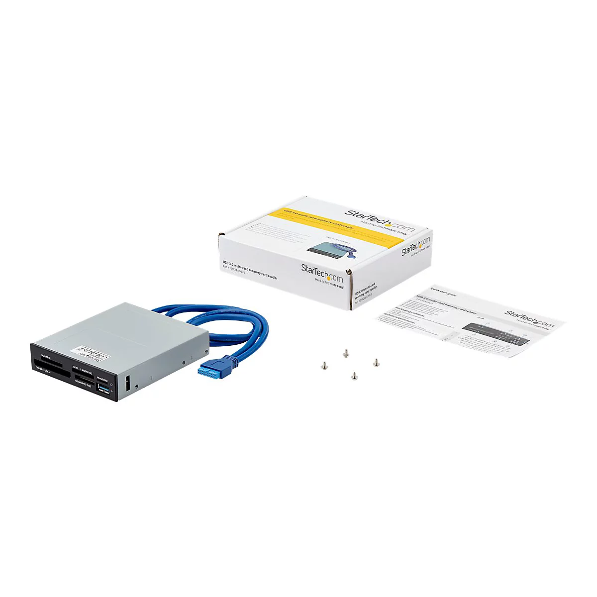 Ein graues KartenlesegerÃ¤t mit blauem Kabel, ZubehÃ¶r und Verpackung. Das StarTech-Logo ist zu sehen.