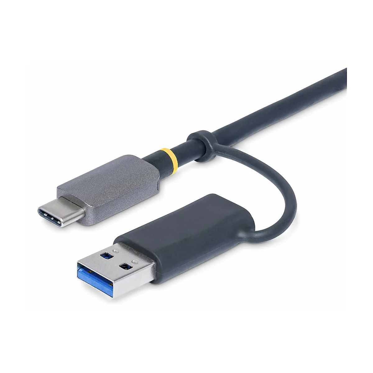 Un câble USB-C vers USB-A. Le câble a un connecteur USB-C gris, un connecteur USB-A gris foncé et une mèche de câble noire.