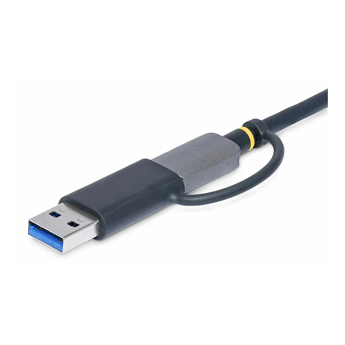 Nahaufnahme eines USB-Kabels mit blauem Stecker und grau-schwarzem Gehäuse. Der USB-Anschluss ist detailreich abgebildet.