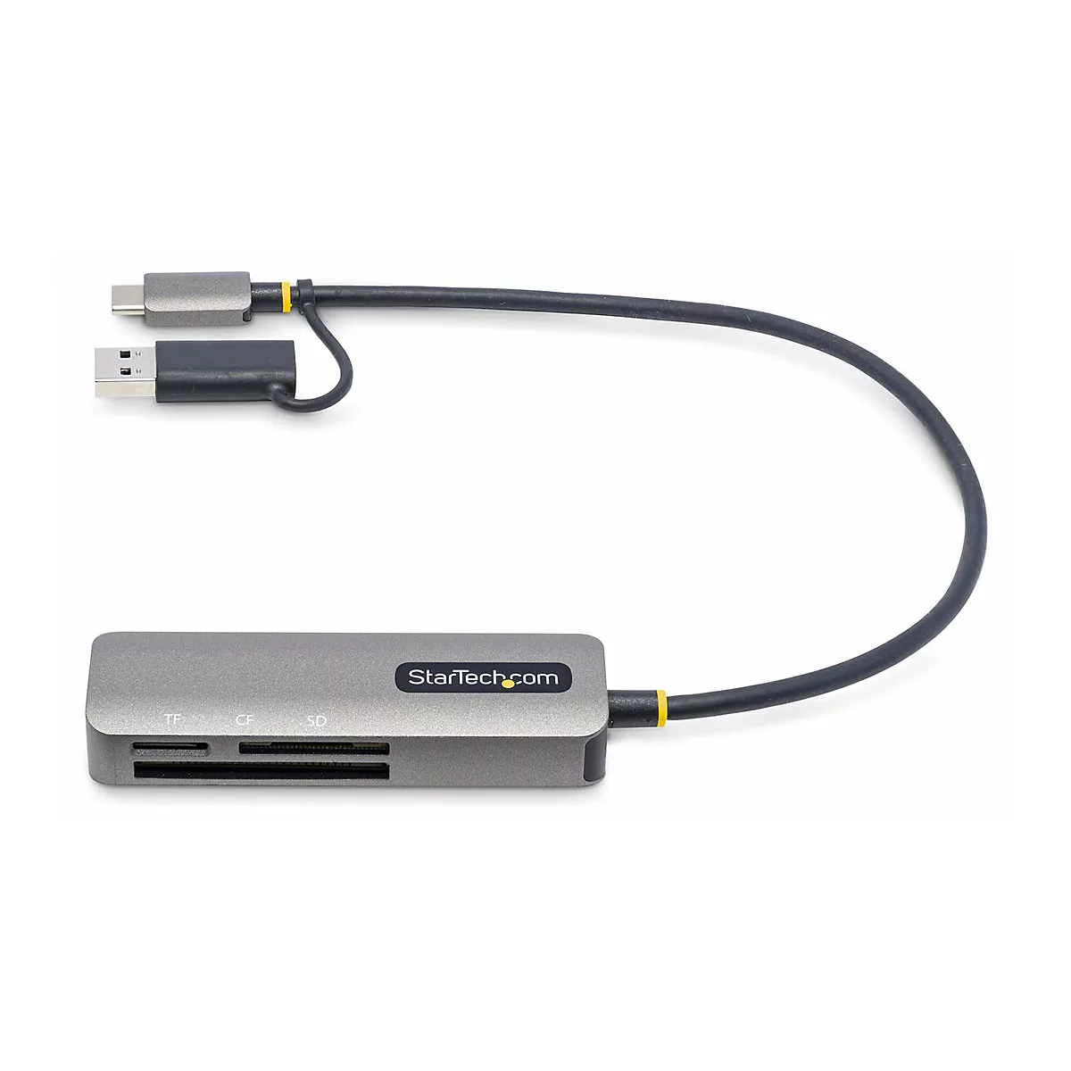 Grauer Kartenleser mit USB-A, USB-C und schwarzen Kabeln. StarTech.com-Logo.