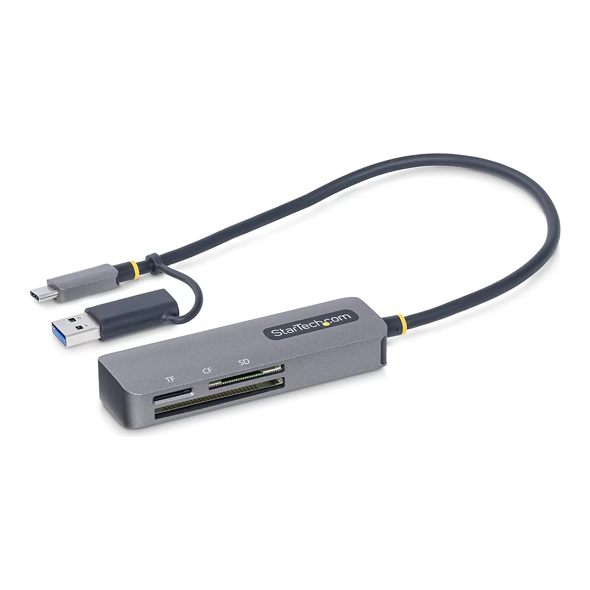 Grauer Kartenleser mit USB-A und USB-C Anschluss, Kabel und Aufdruck StarTech.com vor weißem Hintergrund.