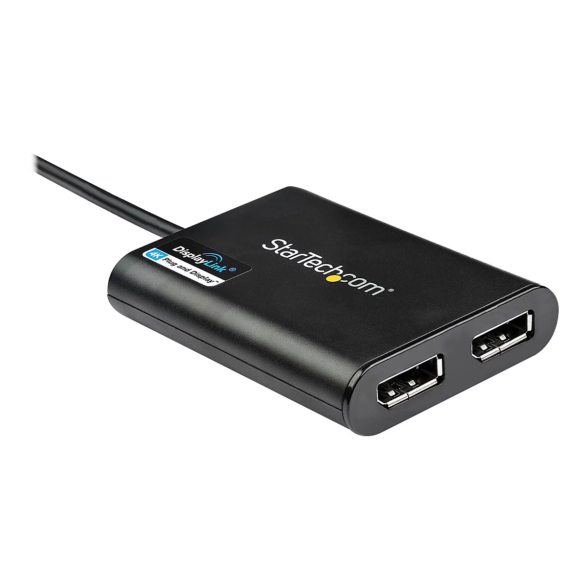 Schwarzer DisplayLink-Adapter mit Logos von StarTech.com und DisplayLink. Zwei USB-Anschlüsse und ein Anschlusskabel.