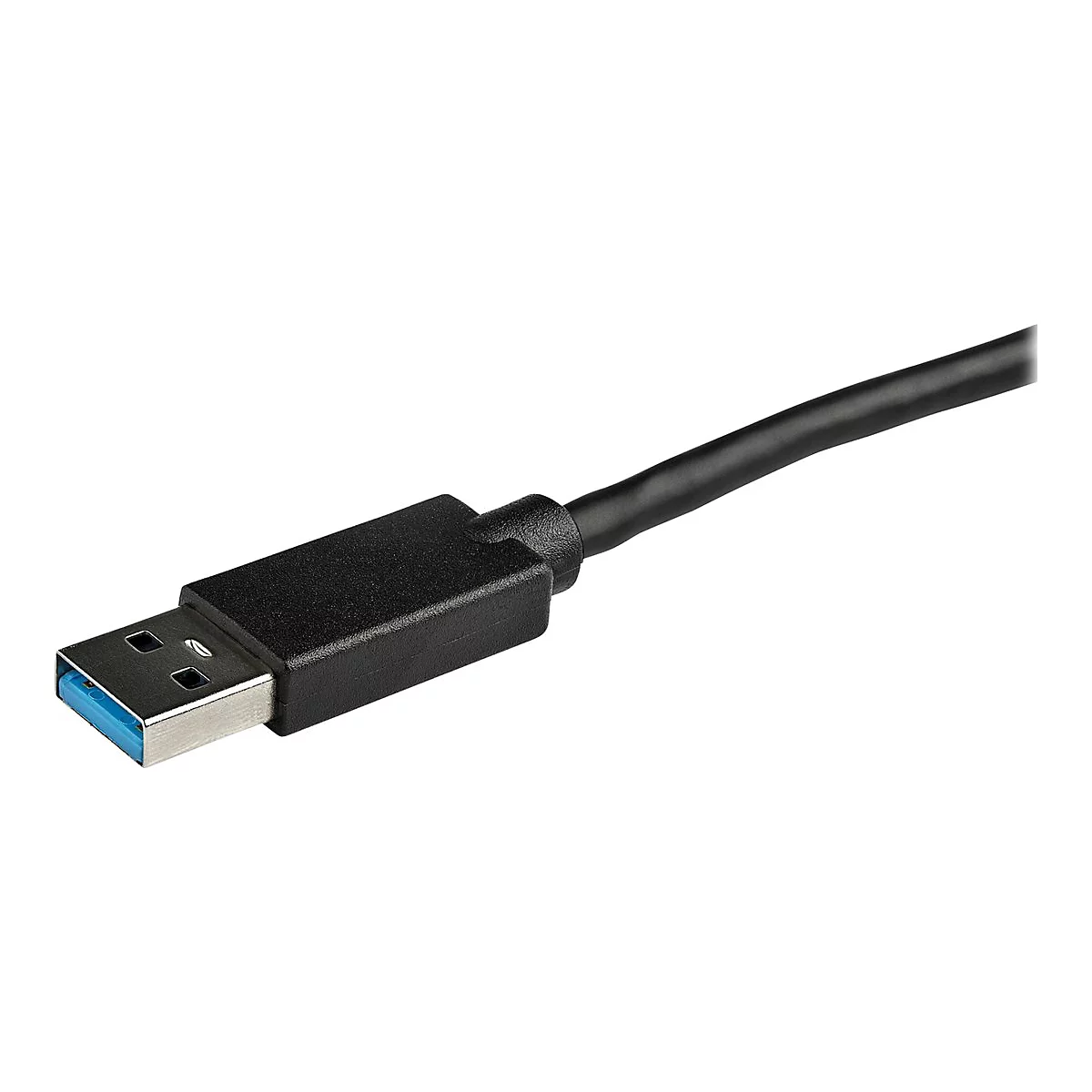 Ein schwarzes USB-3.0-Kabel, Stecker mit blauem Innenleben, liegt auf weißem Hintergrund.
