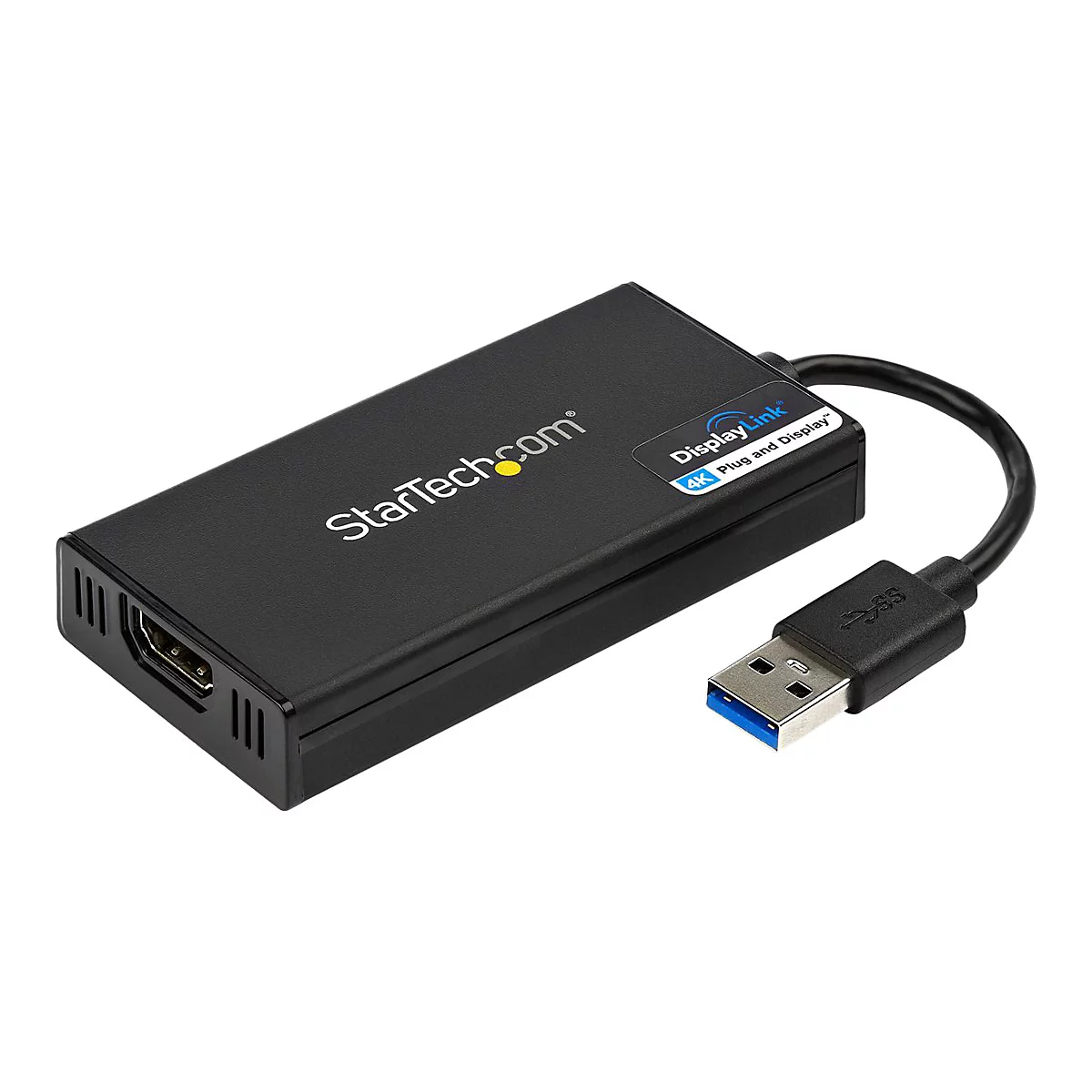 Schwarzer StarTech.com USB-auf-HDMI-Adapter mit USB- und HDMI-Anschlüssen. Aufschrift DisplayLink, 4K Plug and Display.