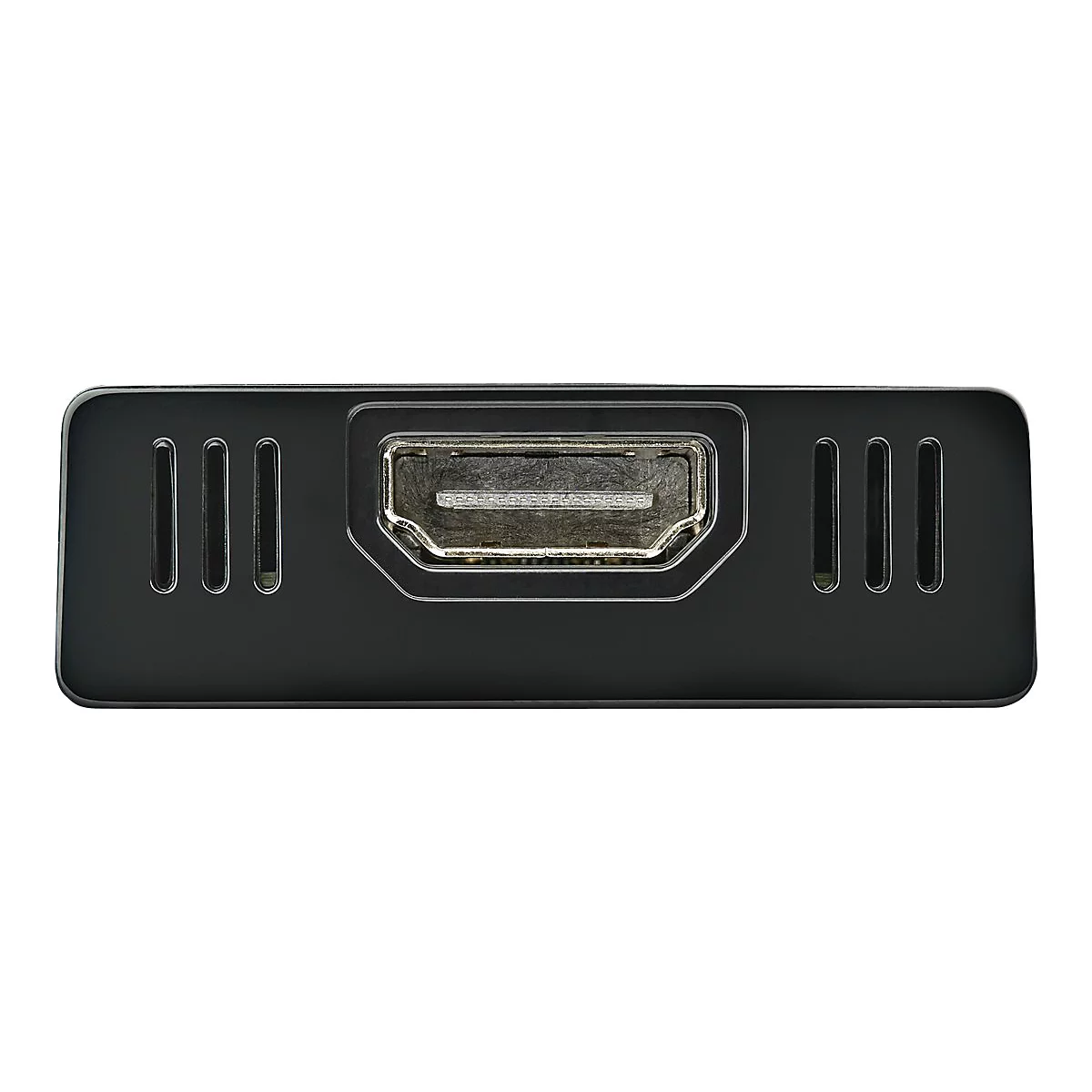 Nahaufnahme eines schwarzen HDMI-Anschlusses mit drei senkrechten Schlitzen links und rechts.