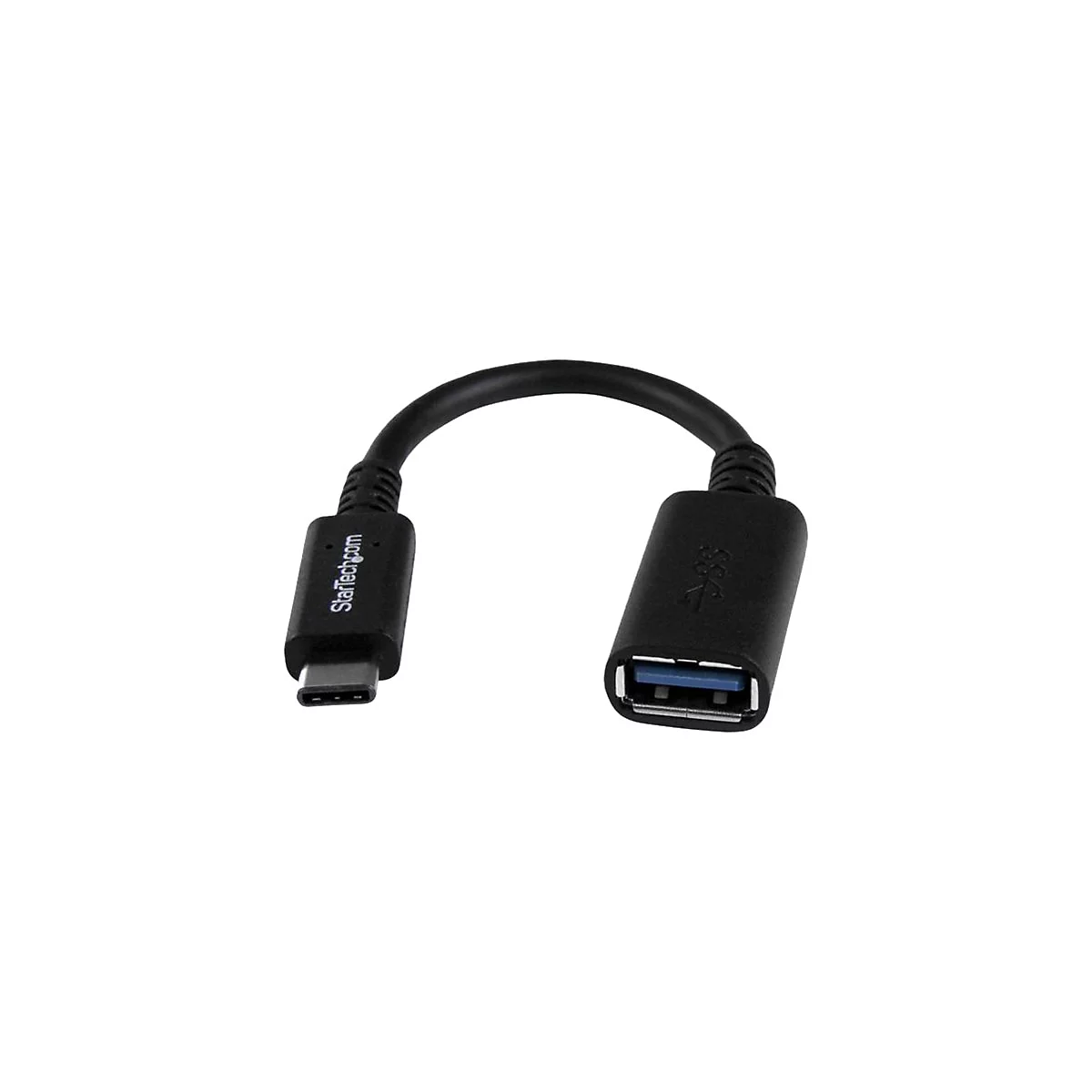 Schwarzer USB-C-auf-USB-A-Adapter. Auf der einen Seite befindet sich ein USB-C-Anschluss, auf der anderen ein USB-A-Anschluss. Beide sind durch ein schwarzes Kabel verbunden.