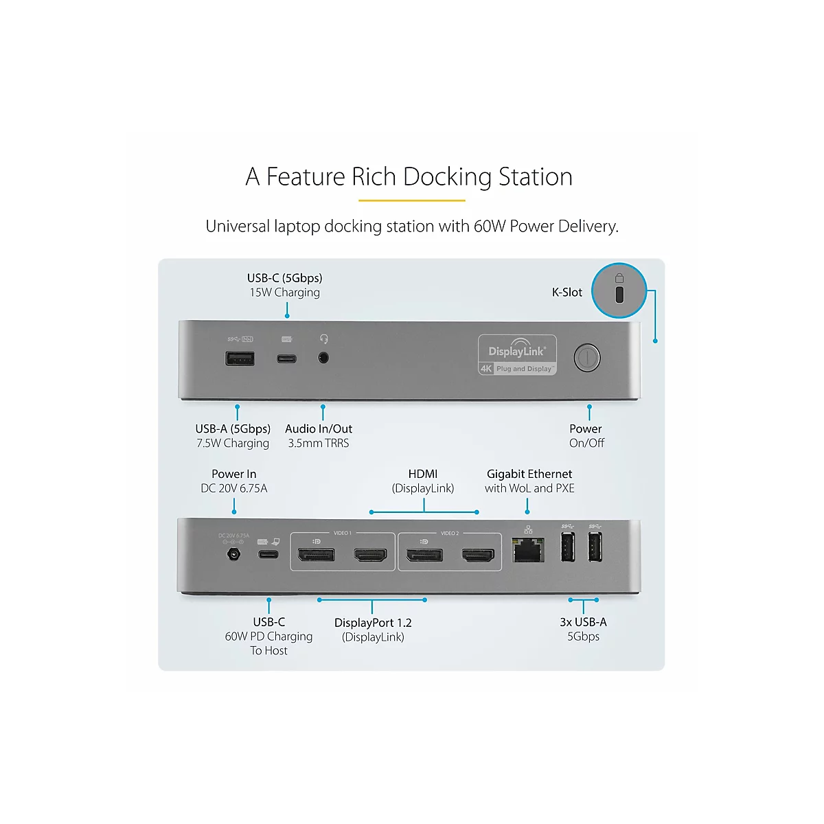 StarTech.com USB-A & USB-C Docking station - Hybrid Universal Laptop Dockingstation für zwei Monitoren 4K60Hz HDMI & DP - USB 3.1 Hub, GbE - 60W Power Delivery - Windows, Mac & Chrome (DK30C2DPPDUE) - Dockingstation