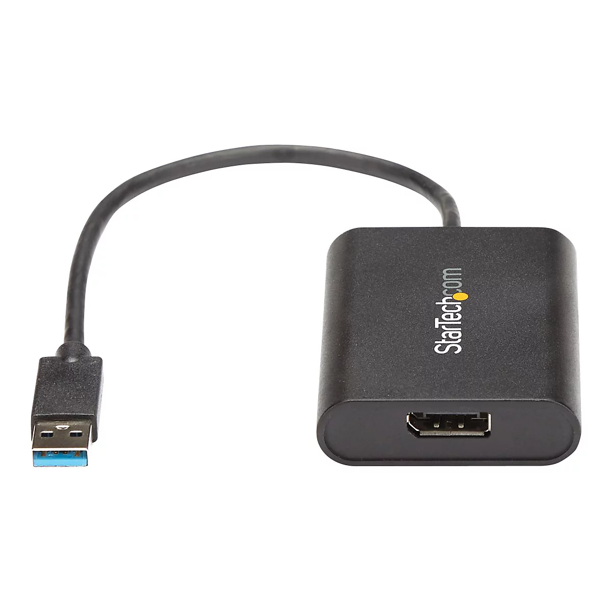 Schwarzer USB-HDMI-Adapter mit StarTech.com Logo. USB-Stecker mit blauem Kern, verbunden mit einem HDMI-Anschluss.