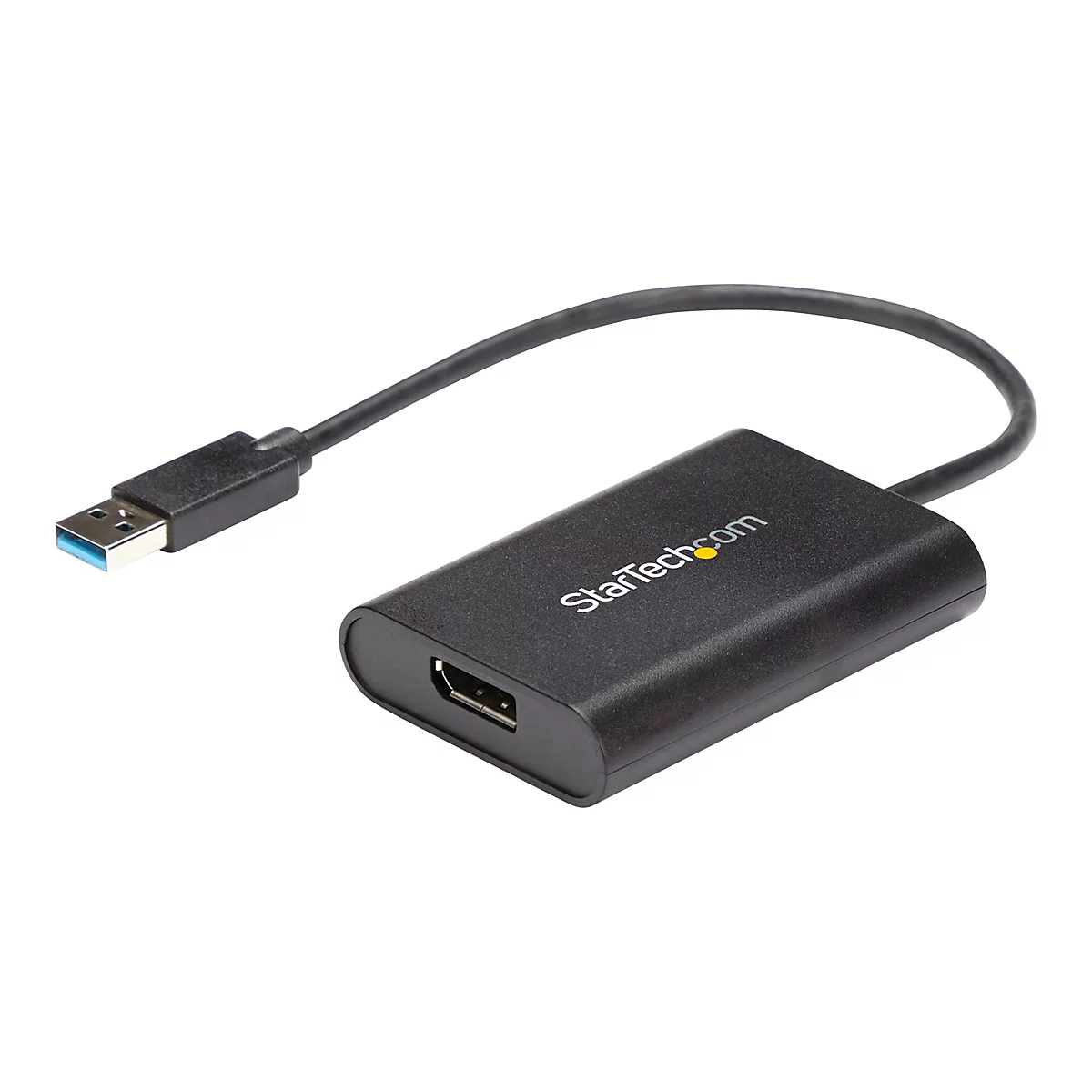 Ein schwarzer USB-HDMI-Adapter mit USB- und HDMI-Anschlüssen. Der Adapter hat das StarTech.com Logo.