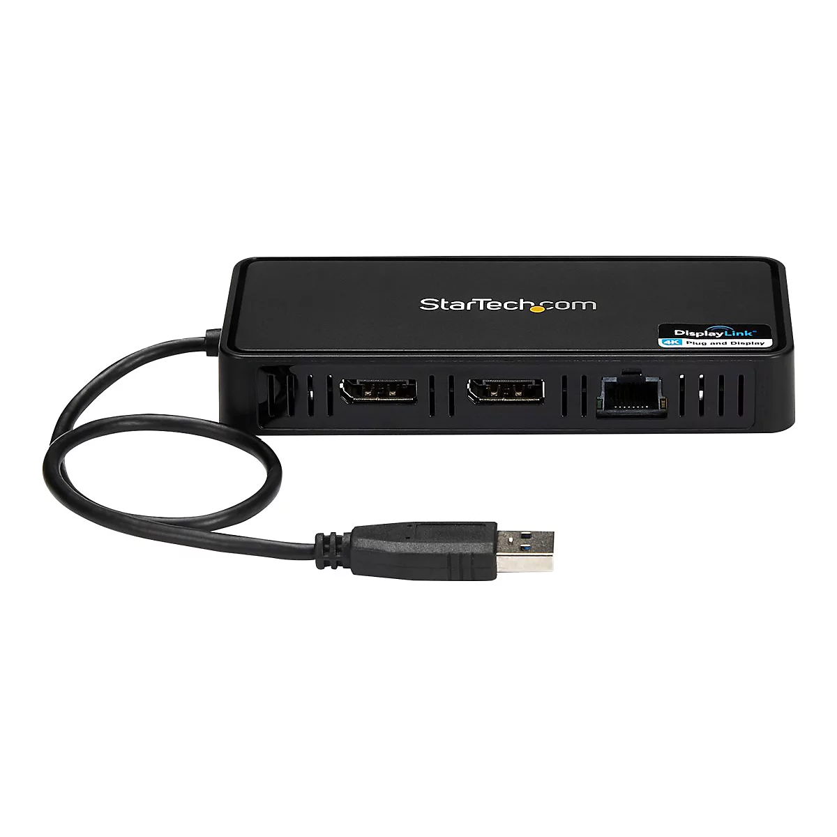Schwarzer USB-Hub mit HDMI- und NetzwerkanschlÃ¼ssen. Das Produkt ist mit einem Kabel ausgestattet, das zu einem USB-Stecker fÃ¼hrt. Auf dem GerÃ¤t steht StarTech.com.