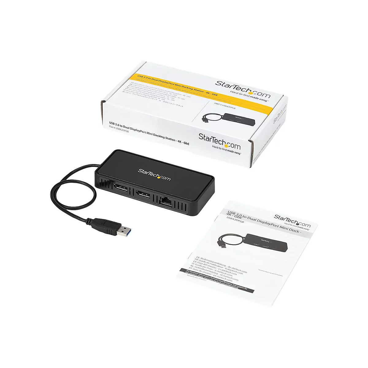 Schwarze USB-Dockingstation mit Kabel, Box und Anleitung auf weiÃŸem Hintergrund. Text: StarTech.com.