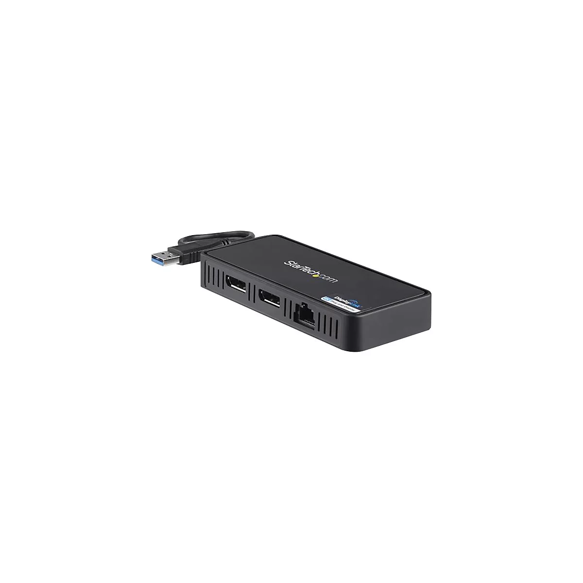 Schwarzer Adapter mit verschiedenen AnschlÃ¼ssen und USB-Kabel, Startech.com-Logo.