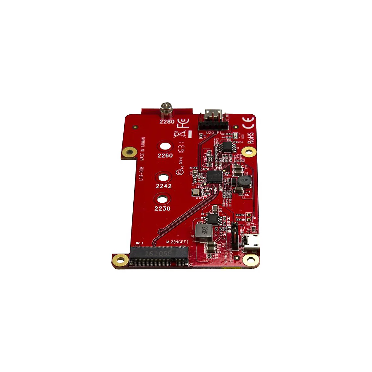 Eine rote Leiterplatte mit zahlreichen elektronischen Bauteilen und Anschlüssen. Der Fokus liegt auf der detaillierten Struktur und den Elementen.