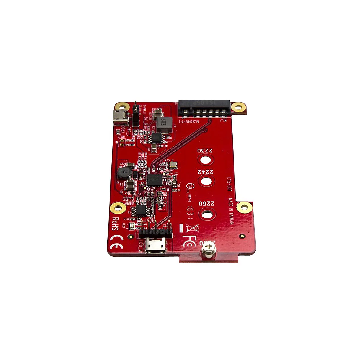 Rote Platine mit elektronischen Bauteilen. Aufschrift: RoHS, CE, Made in Taiwan.