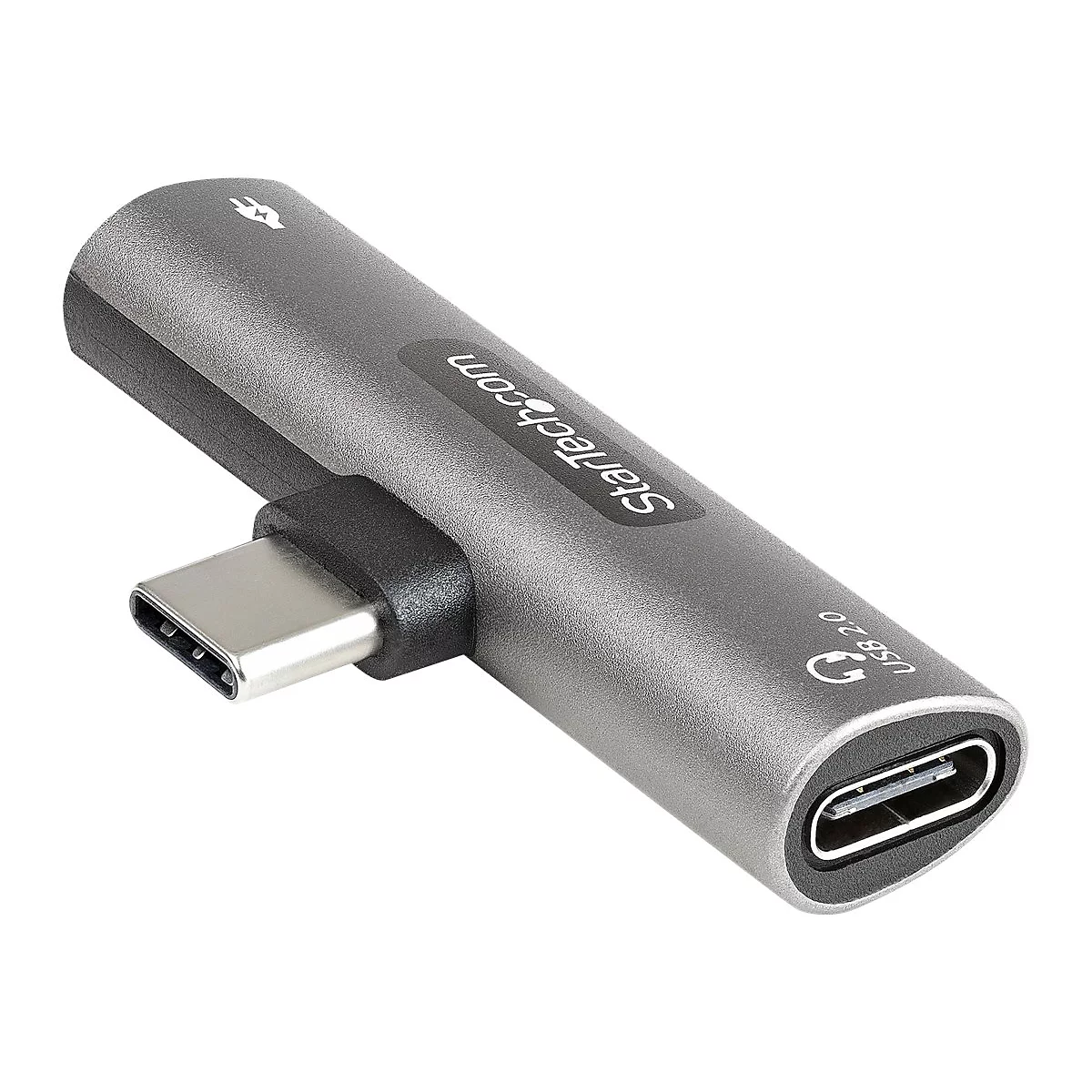Grauer USB-C-Adapter mit Logo "StarTech.com" und "USB 2.0". Der Adapter hat eine zylindrische Form.